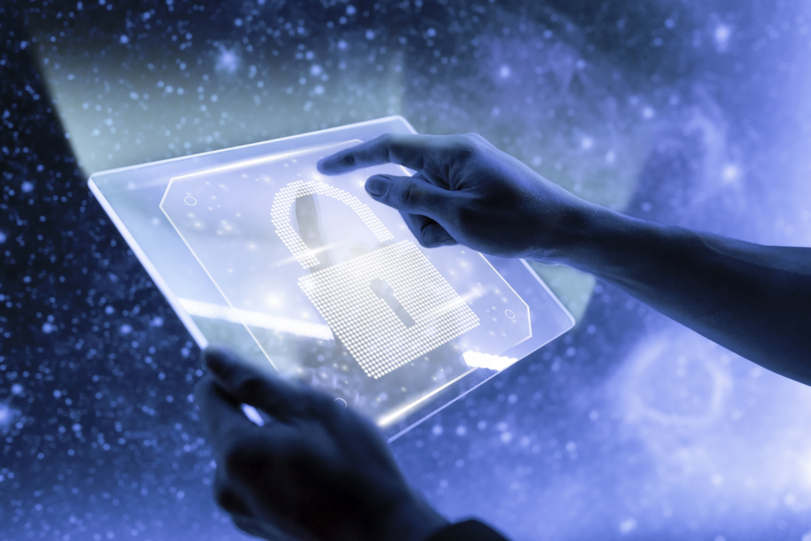 Image of a lock icon on a clear futuristic screen interface. Image is an abstract representation of the idea of cybersecurity.