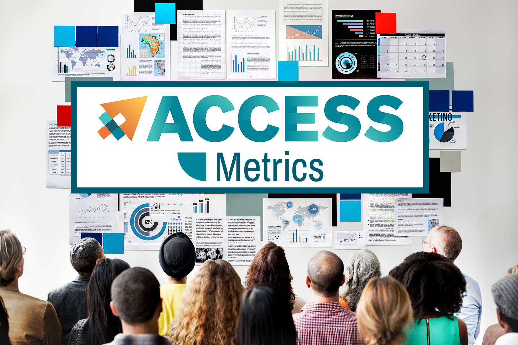 A group of people looking at a display of graphs and figures. The ACCESS and Metrics Logo are overlaid.