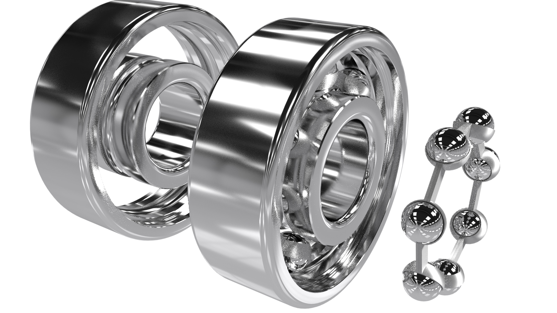 A ball bearing piece expanded to view the components that make it up.