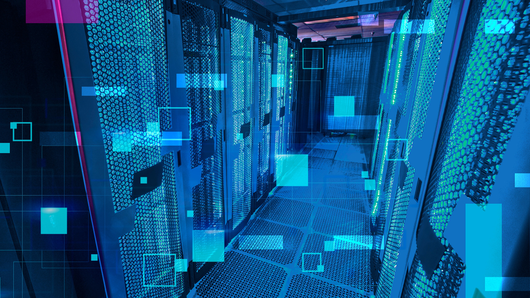 An image of large cyberinfrastructure machines with digital elements indicating technology concepts