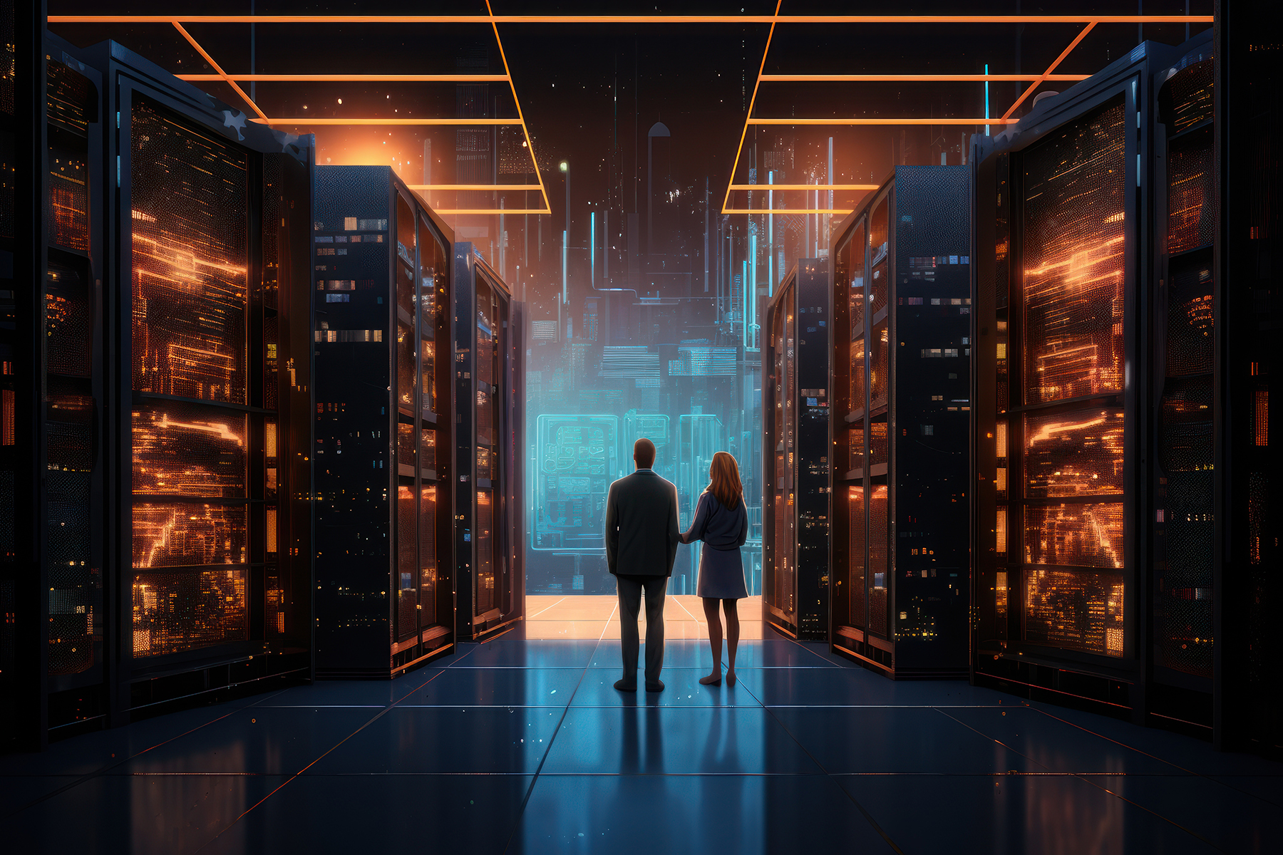 A man and a woman standing in between supercomputers - cyberinfrastructure concept