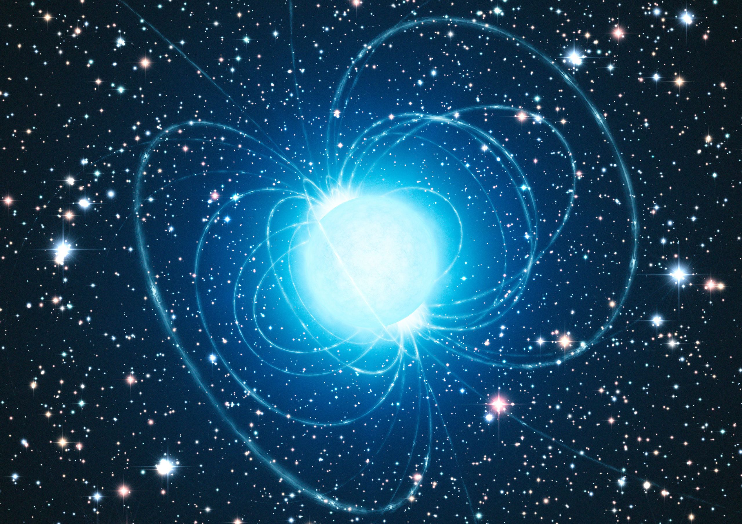 An example of a star’s magnetic field. This artist’s impression shows the magnetar in the very rich and young star cluster Westerlund credit: ESO/L. Calçada