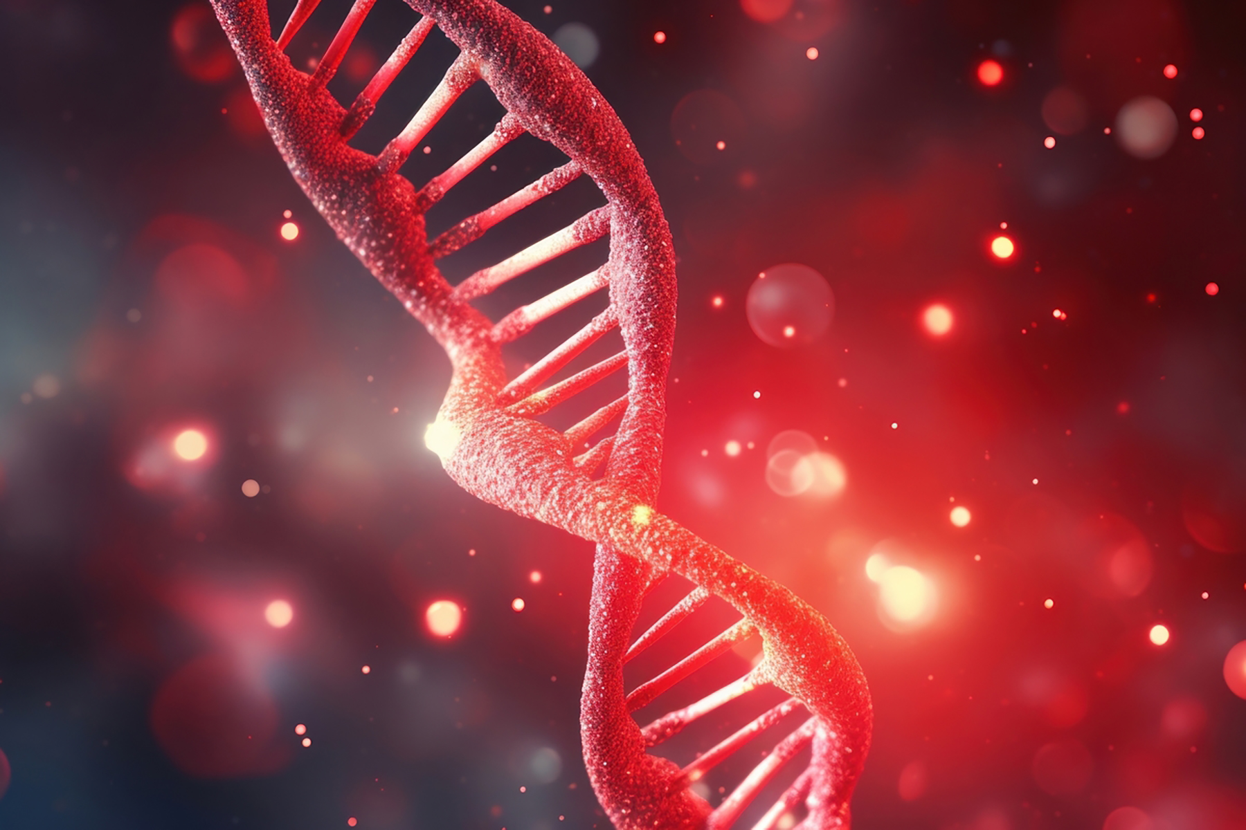A rendered image of DNA on a red background