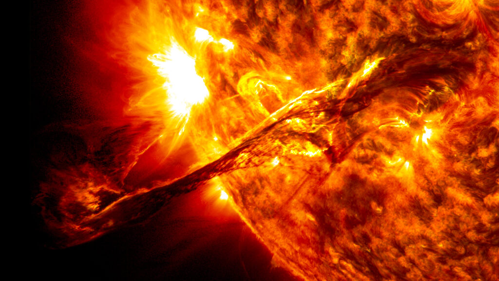 On Aug. 31, 2012, a giant prominence on the sun erupted, sending out particles and a shock wave that traveled near Earth. This event may have been one of the causes of a third radiation belt that appeared around Earth a few days later, a phenomenon that was observed for the very first time by the newly-launched Van Allen Probes. This image of the prominence before it erupted was captured by NASA's Solar Dynamics Observatory (SDO).

More:

 Original public domain image from <a href=