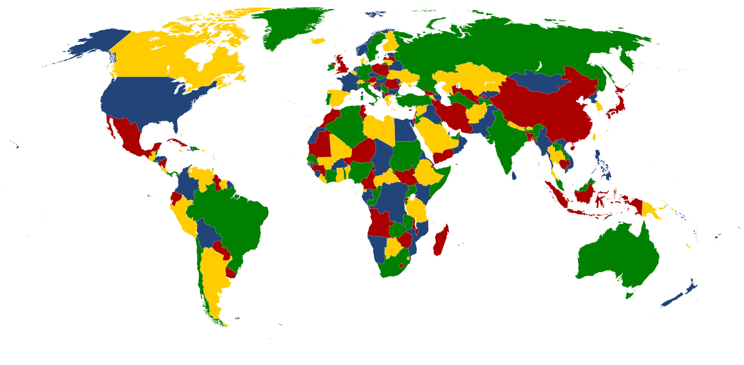 a world map made with four colors - each country is given a different color, and no two colors touch.