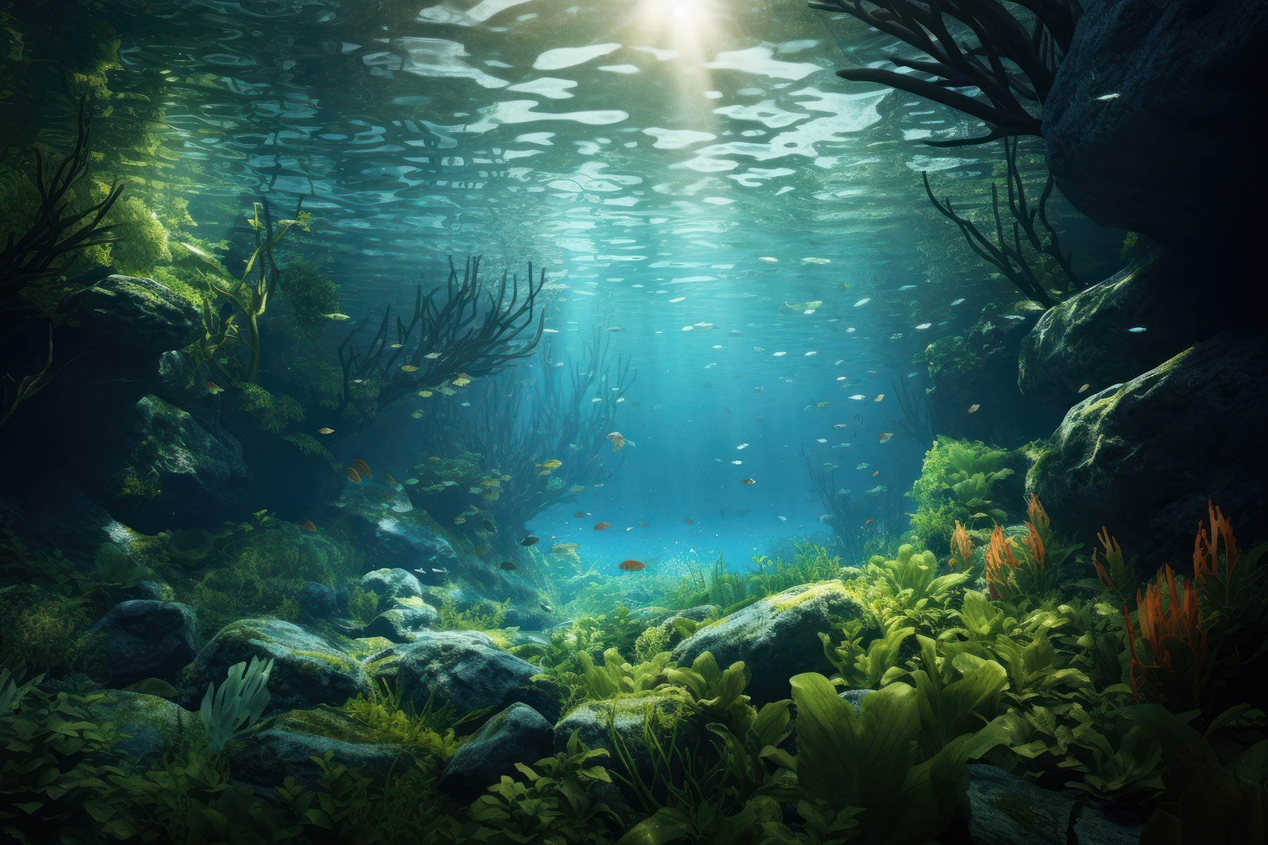 An image of marine life as seen from under the water. Fish, coral and plants all are represented in this complex ecosystem.