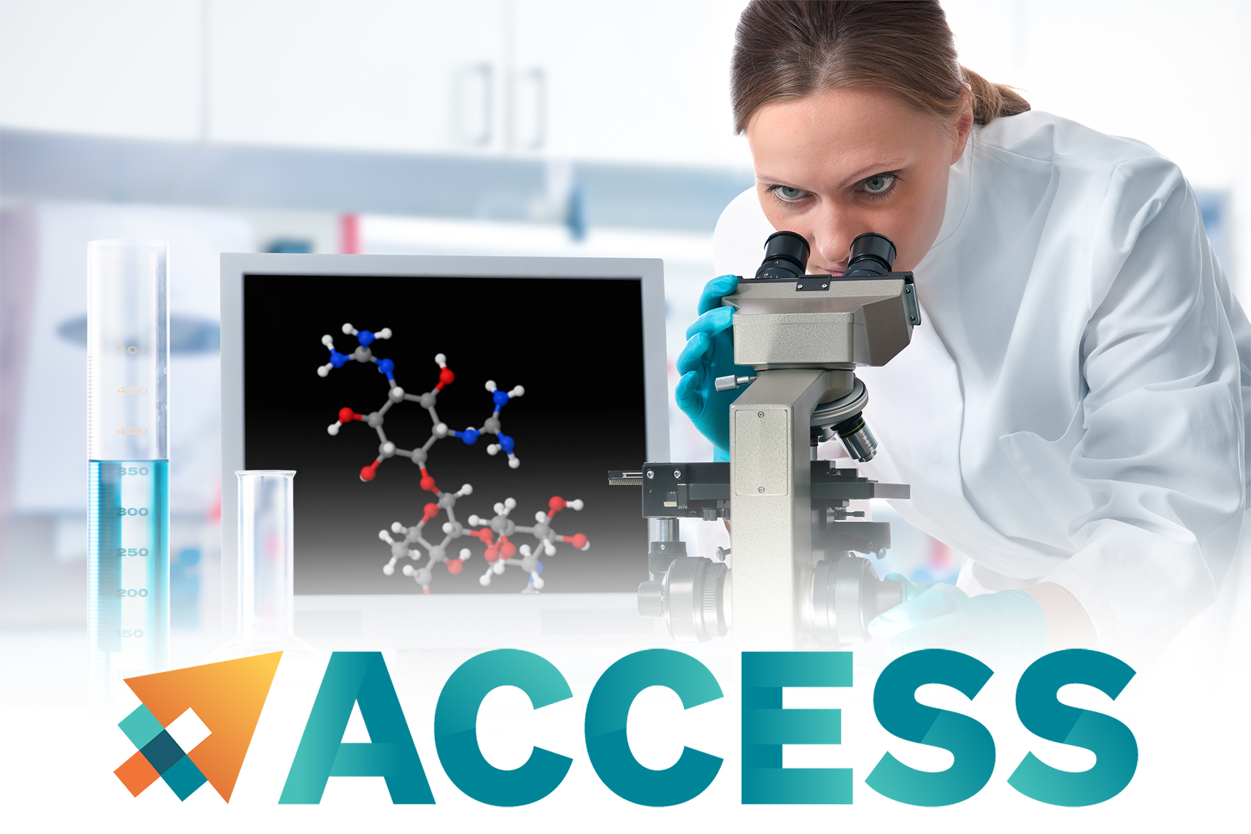 A woman looking into a microscope in a chemistry lab with the ACCESS logo across the bottom of the photo.