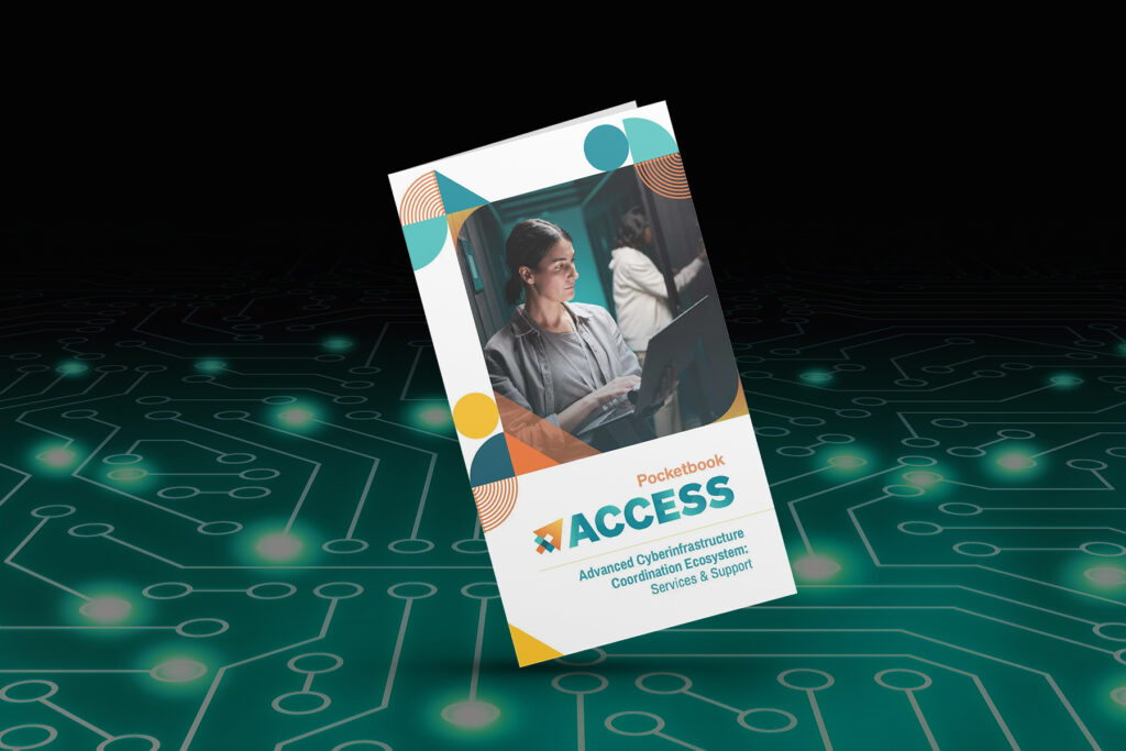 An image of the ACCESS pocketbook, floating over a teal circuit board.