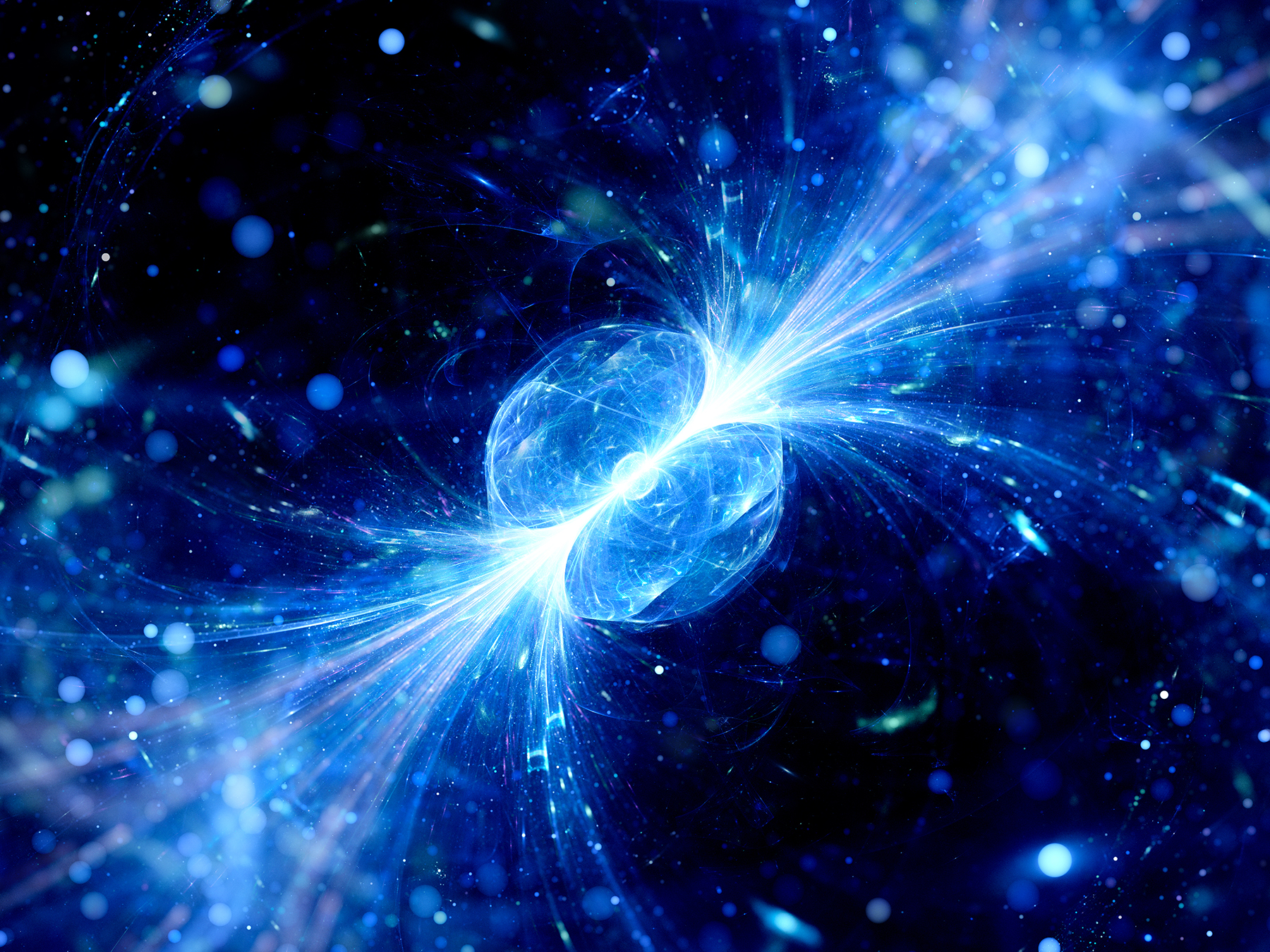 An artist's rendering of what a gamma ray burst may look like. There is a sphere of light with intense blue light focused on the diameter line of the sphere.