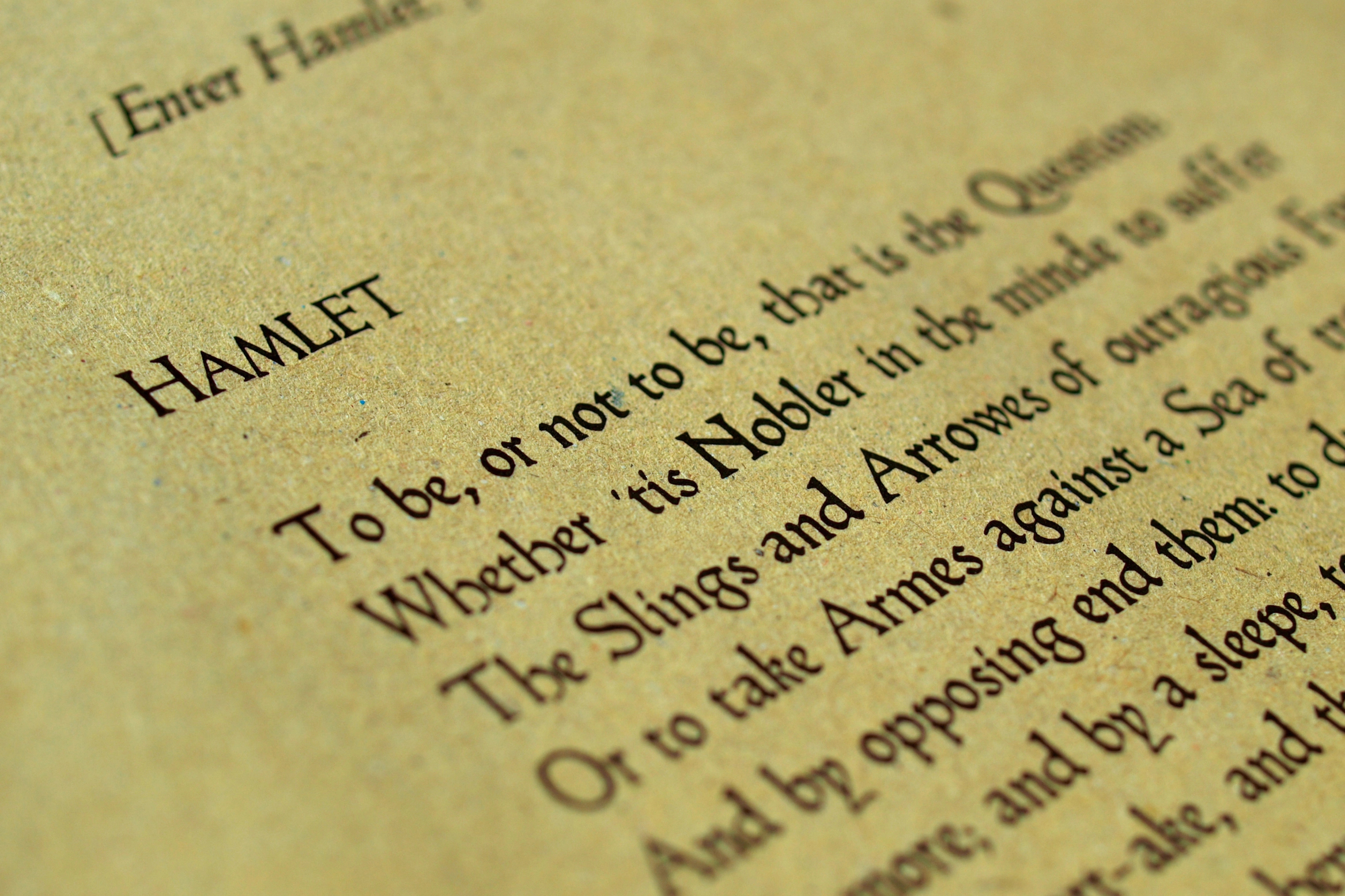 A close up view of the text of the Shakespeare play, The Tragedy of Hamlet Prince of Denmark. The lines are of Hamlet's famous monologue that begins with, "To be, or not to be"