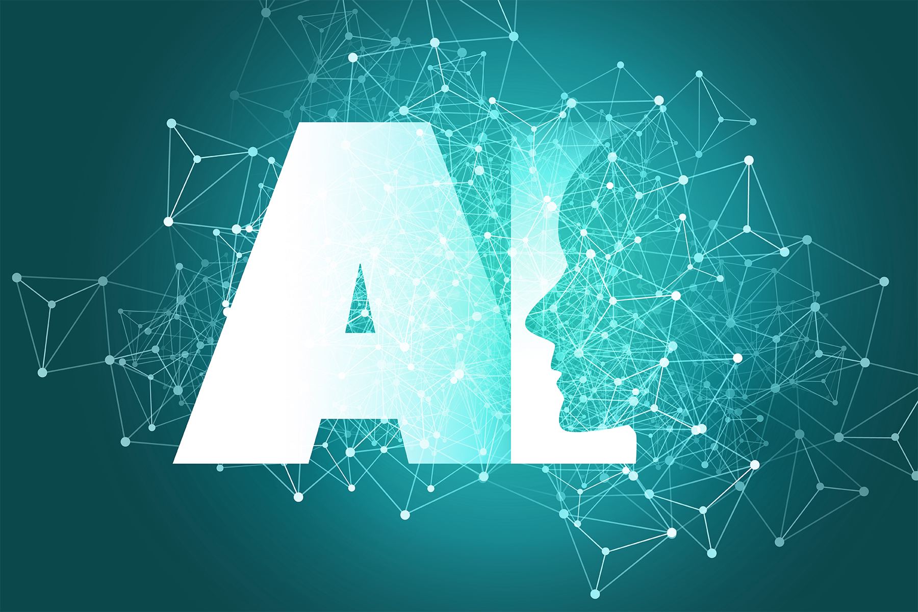 The letters 'AI' white on a teal background, the profile of a face overlapping the 'I." Dots connected to each other with lines are all around the letters. This is meant to convey both the human-like aspects of AI, and the concept that the connections AI makes is similar to neurons in the brain.