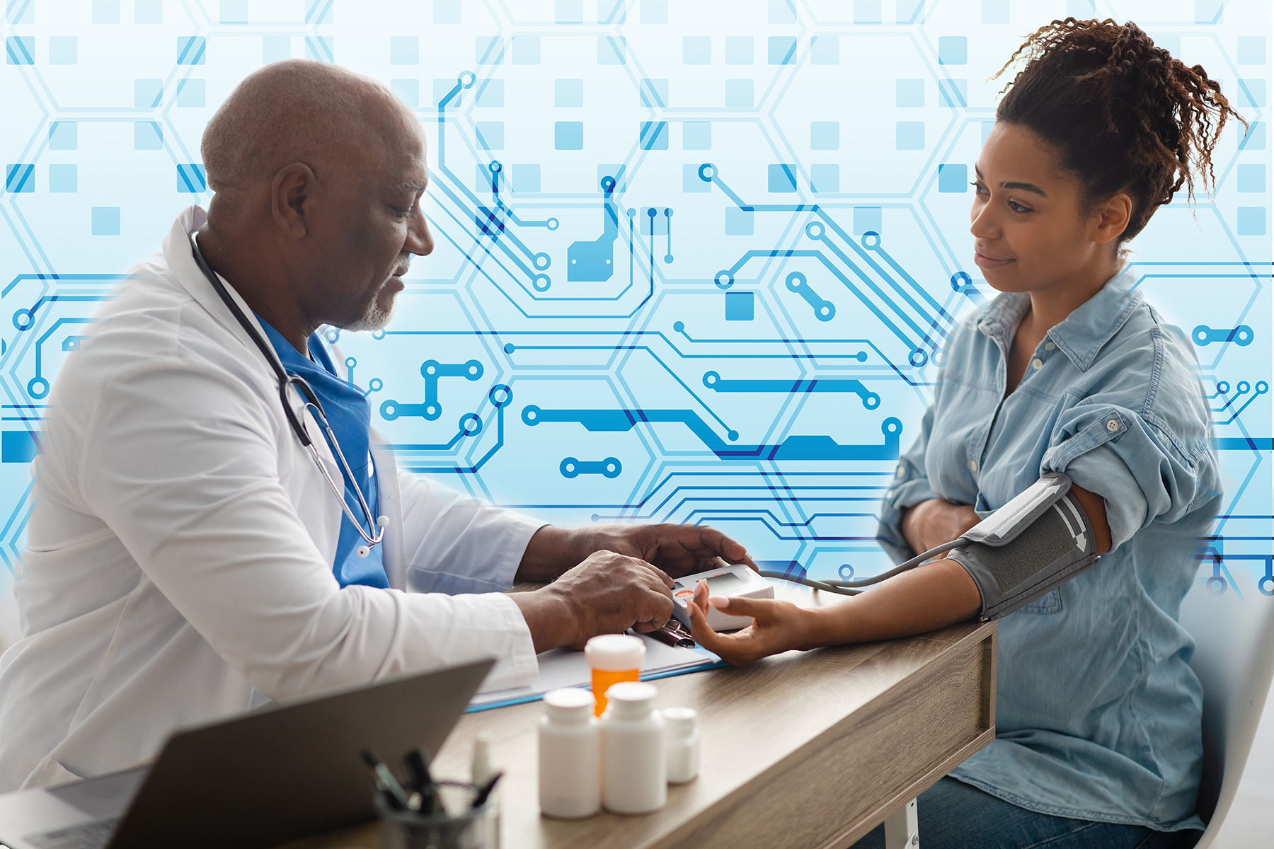 A black doctor takes the blood pressure of a black pregnant woman. The background is a blue technology concept - meant to convey the idea of supercomputers aiding in pre-natal care research.