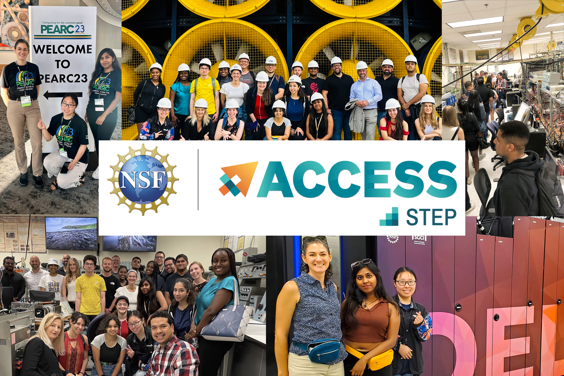 A collage of STEP interns during their internship, with the ACCESS STEP logo in the middle. Meant to show the variety of students and tasks they'll undertake as interns.