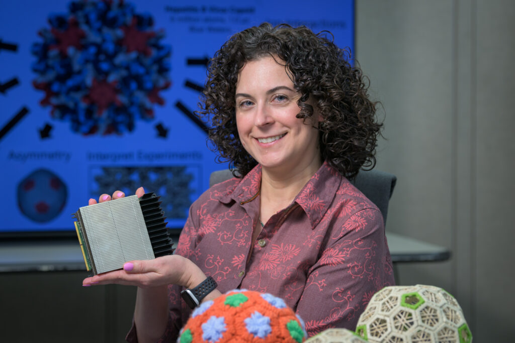 Jodi Hadden-Perilla holds a GPU from NCSA’s now-decommissioned Blue Waters supercomputer, the machine that enabled her first simulations of the Hepatitis B virus capsid while she was a post-doc in the NAMD development lab at UIUC. Credit: Evan Krape, University of Delaware